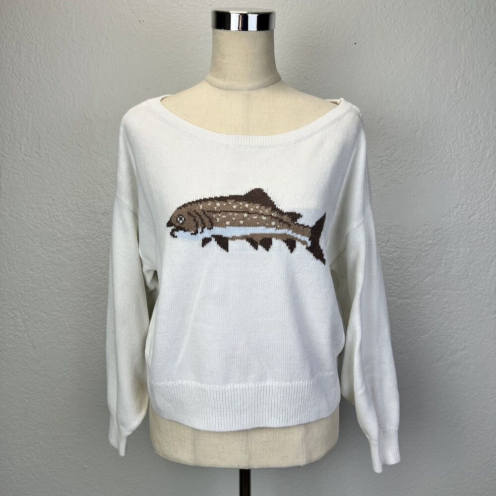 Hollister Woman’s White Fish Long Sleeve Sweater Off Shoulder Size S